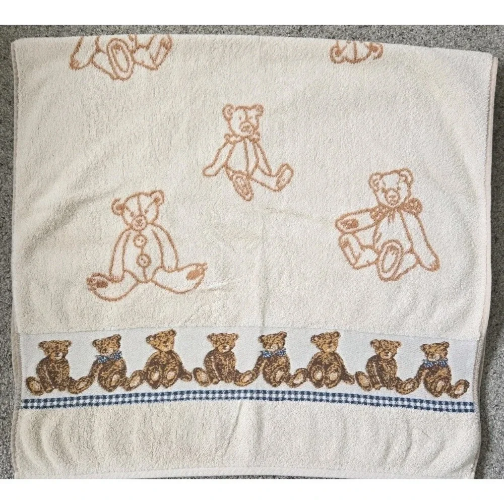 Vintage 90s Teddy Bear Reversible Bath Towel Heavy Jacquard Plush Cotton
